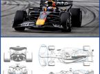 Макс Ферстаппен за рулём RB21 на трассе в Сингапуре, фото XPB и иллюстрация FIA